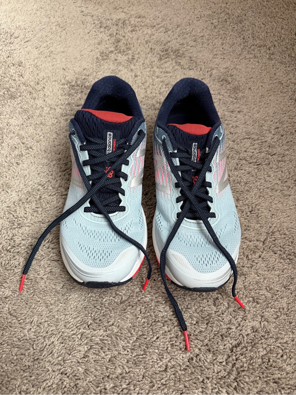 New Balance Women’s Light Blue Running Sneakers with Navy and Coral Accents